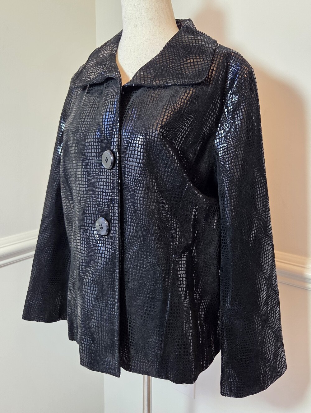 Chicos Black Leather Jacket 2 Snakeskin Embossed Reptile Y2K Glam